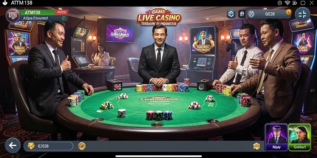 Screenshot gameplay Live Casino ATM138 menampilkan dealer dan permainan yang menarik.