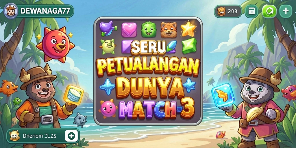 Tampilan penuh warna gameplay DEWANAGA77 saat menyelesaikan misi Match-3.