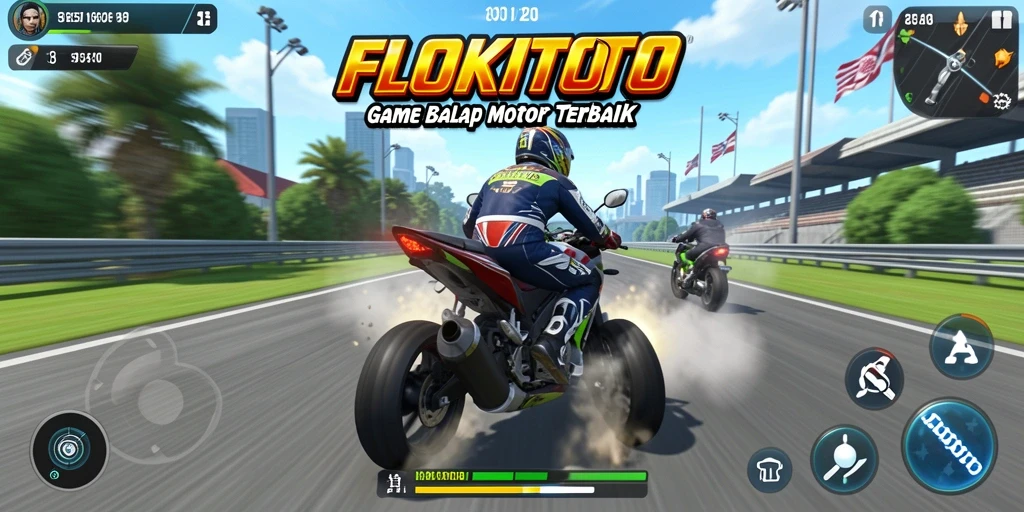 Screenshot utama FLOKITOTO menampilkan aksi balap motor yang seru.