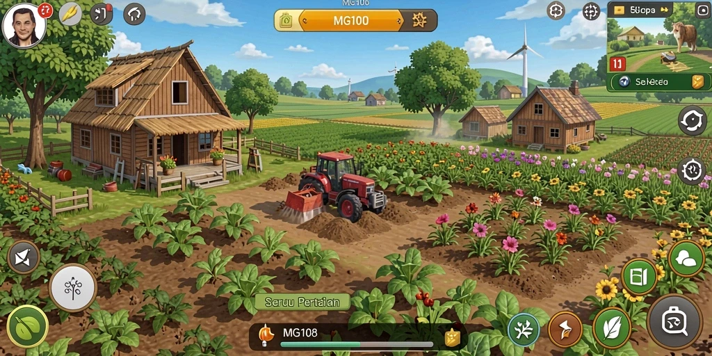 Tampilan gameplay MG108 yang menarik dan menawan dalam dunia pertanian.