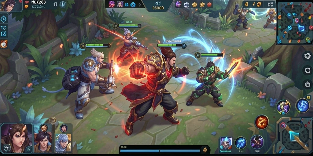 Tampilan seru dari pertempuran di NEX288 dalam mode MOBA.