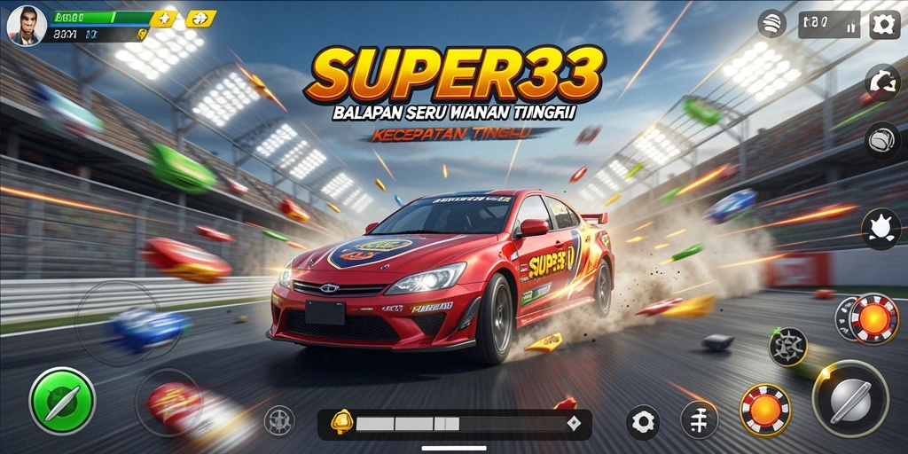 Gameplay SUPER33 menampilkan mobil melaju cepat di trek balapan yang menantang.