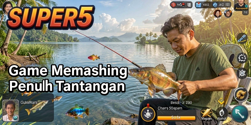 Tampilan gameplay SUPER5 saat memancing di danau yang indah.