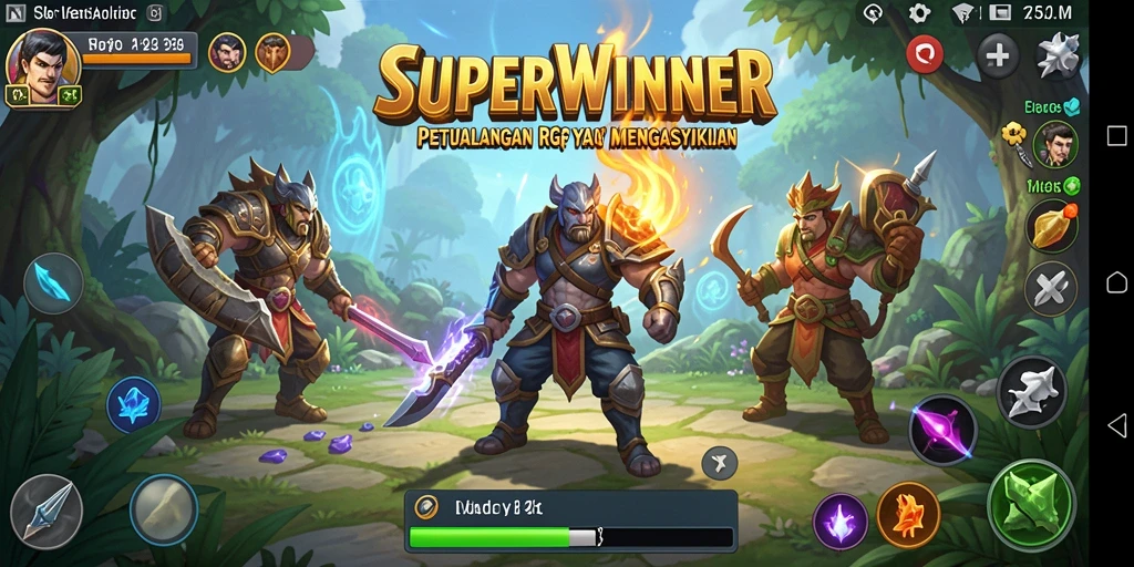 Tangkapan layar utama SUPERWINNER menampilkan pertarungan epik di dunia fantasi RPG.