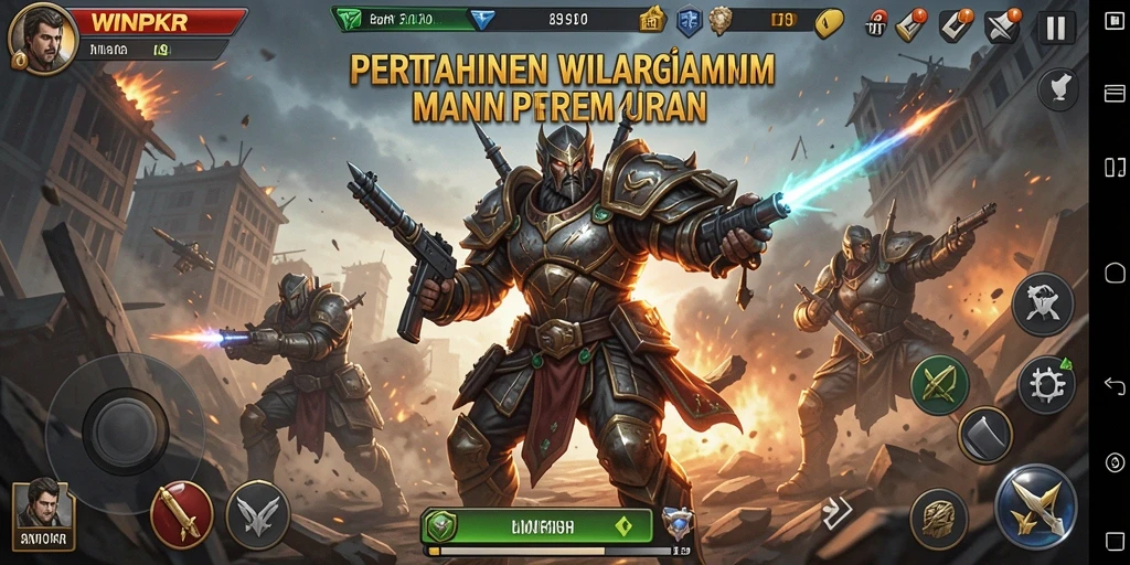 Tangkapan layar gameplay WINPKR menunjukkan aksi pertempuran Tower Defense yang intens.